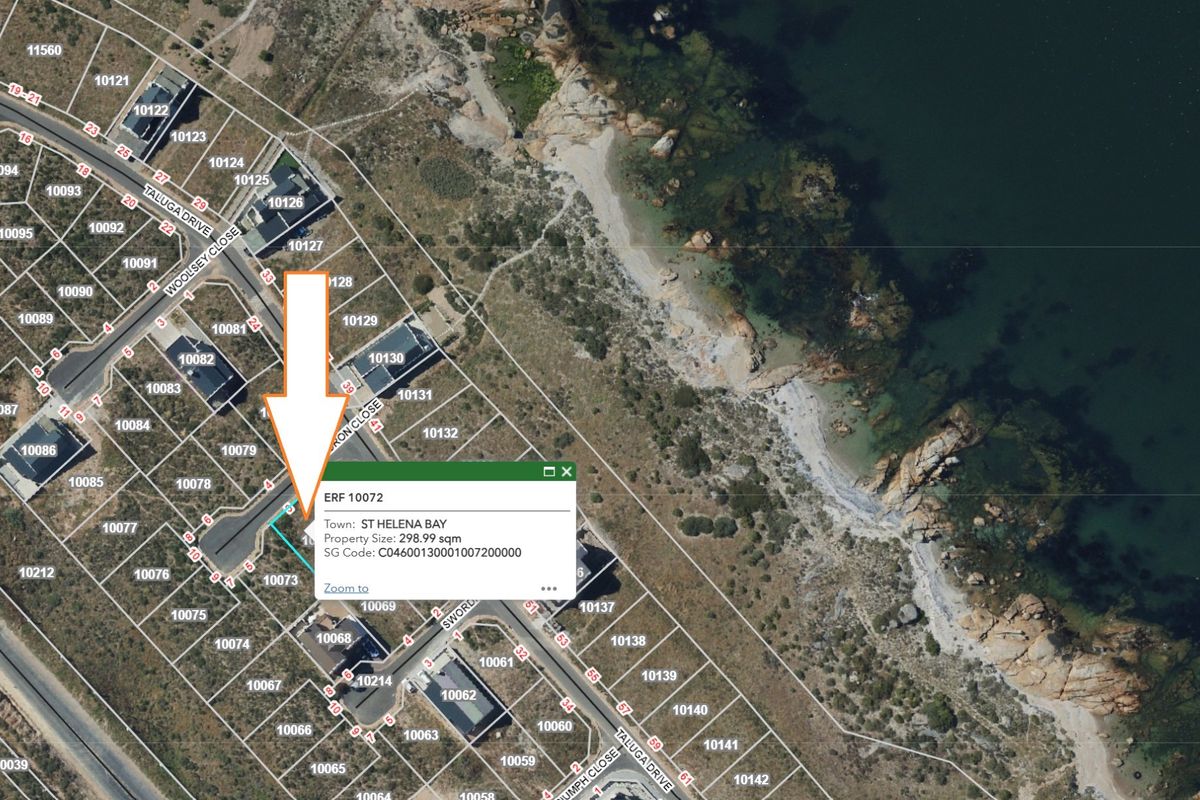 Aerial view of the residential vacant land plot in St Helena Bay, highlighting its location and proximity to the coastline.