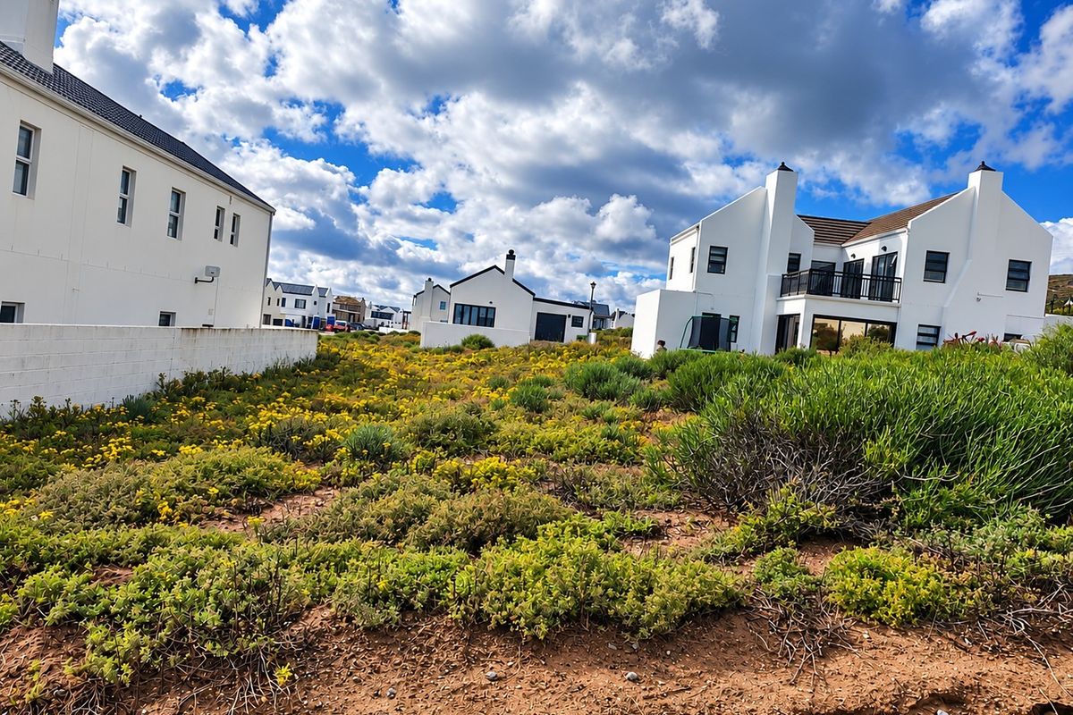 A vacant residential plot featuring native vegetation, situated in a developed neighborhood with surrounding modern white homes.
