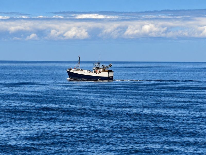 A scenic view of the open ocean featuring a fishing vessel navigating the water under a clear blue sky.