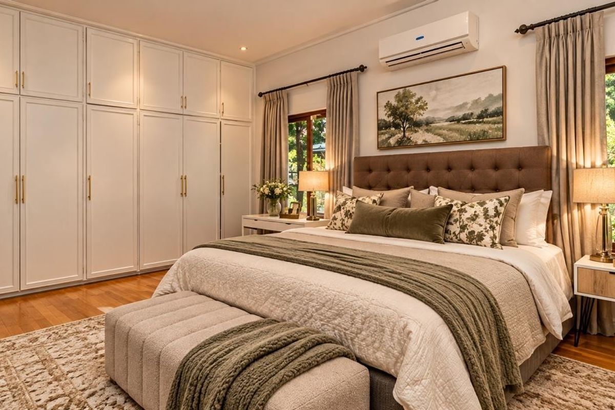 A well-appointed bedroom featuring extensive floor-to-ceiling built-in cabinetry, polished hardwood flooring, and a wall-mounted air conditioning unit.