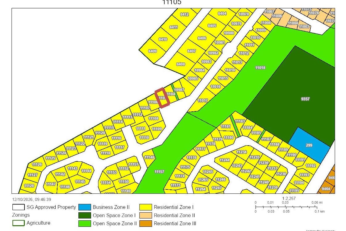 A detailed cadastral map showing residential and business zoning for the property development area.