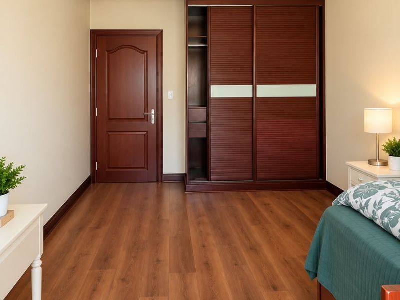 A well-maintained bedroom featuring dark wood laminate flooring, crown molding, and a large built-in wardrobe with sliding doors.