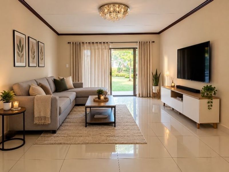A bright and well-maintained living room featuring polished tiled floors, crown molding, and a sliding glass door providing access to the garden.