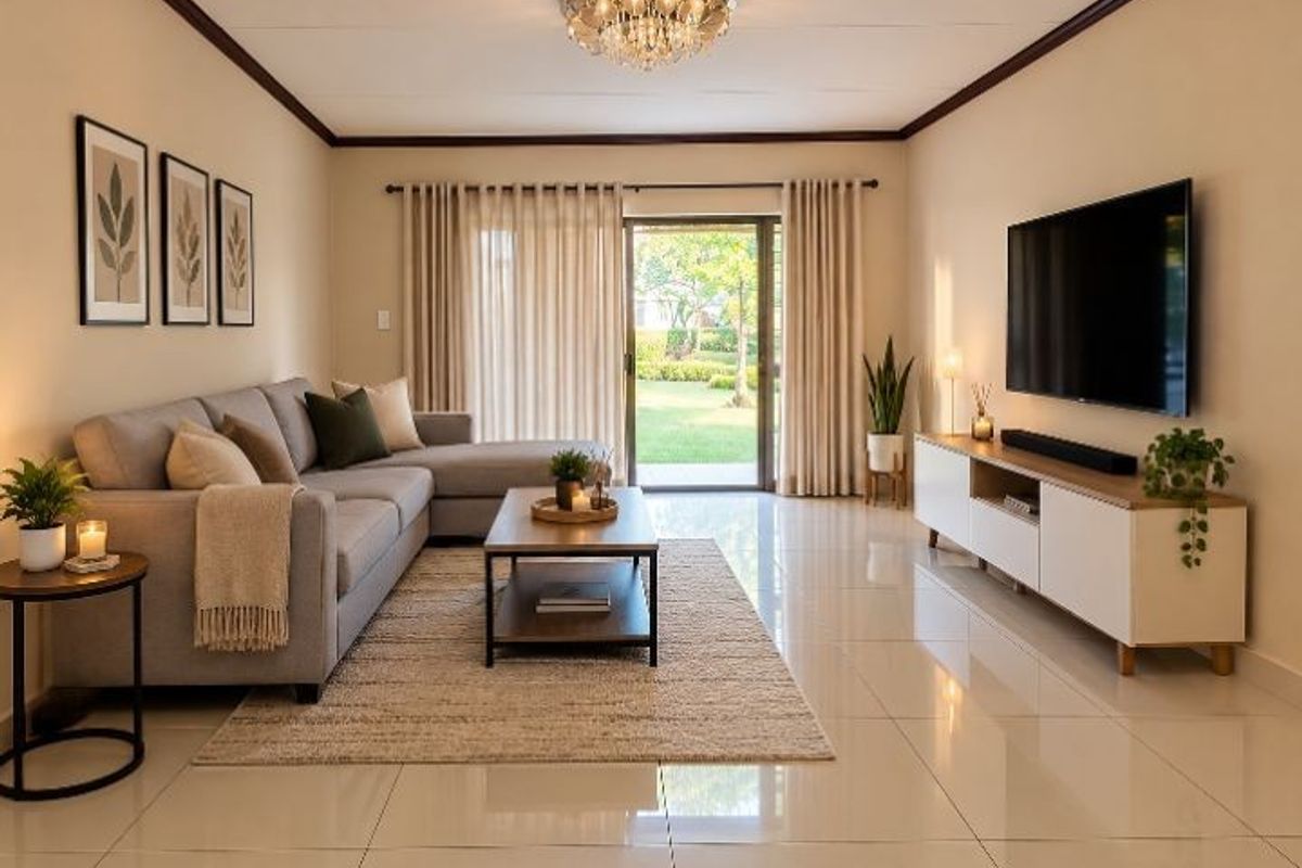 A bright and well-maintained living room featuring polished tiled floors, crown molding, and a sliding glass door providing access to the garden.