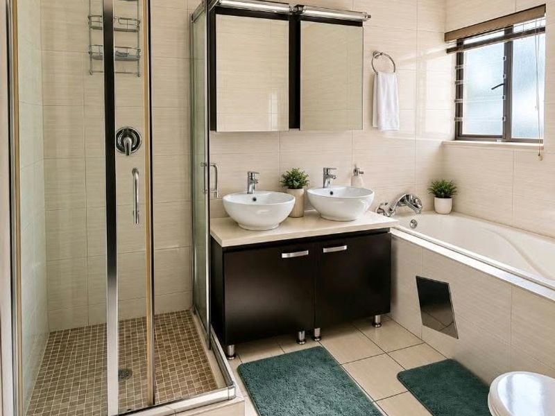 A well-maintained bathroom featuring a glass shower enclosure, double vessel sinks with a dark vanity, and a built-in bathtub with neutral wall tiling.