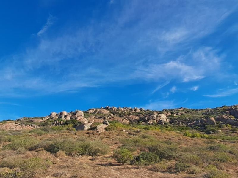 A scenic view of the natural landscape featuring rocky outcrops and native vegetation under a clear blue sky.