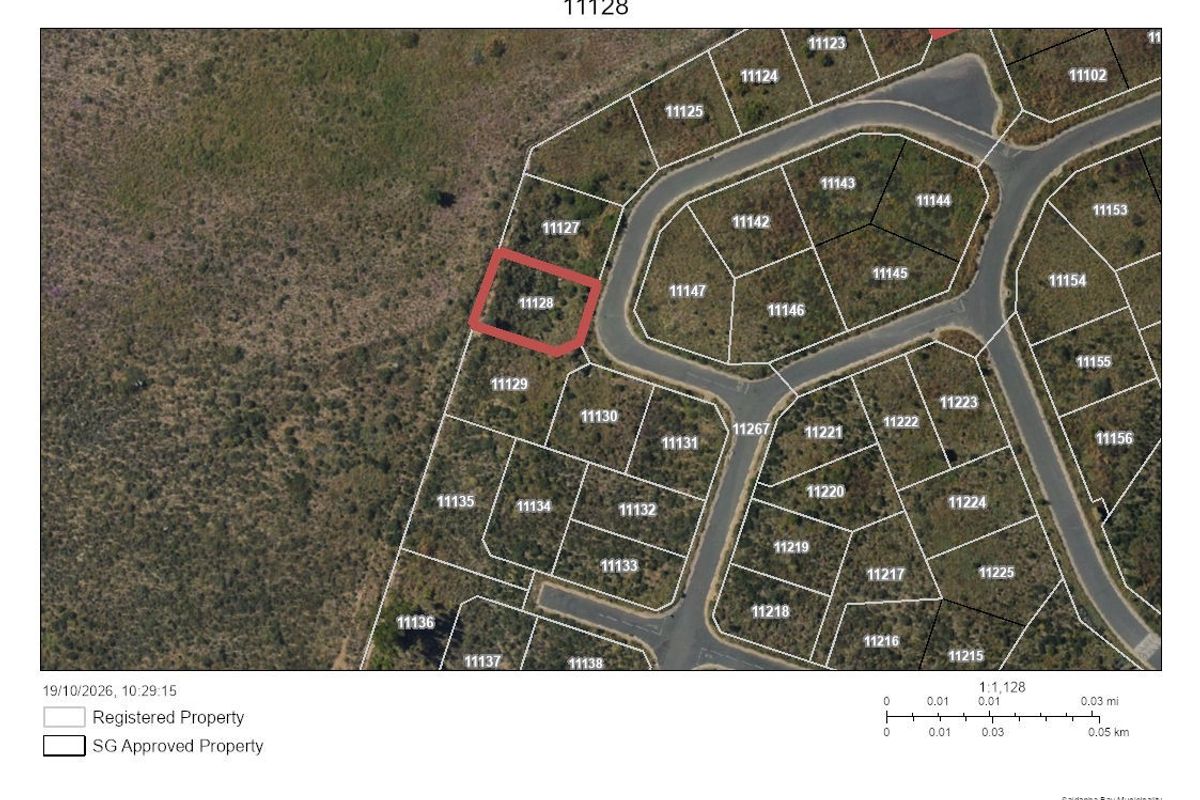 An aerial cadastral map showing the location and boundaries of vacant residential plot 11128 within the estate layout.