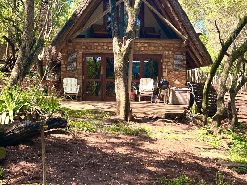 A charming A-frame house featuring stone cladding, a thatched roof, and a wooden deck nestled in a wooded garden setting.