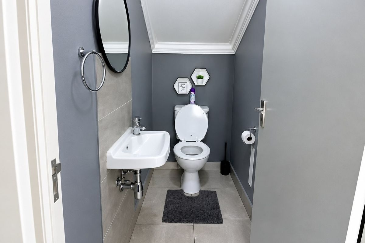 A compact, modern guest bathroom featuring a wall-mounted basin, toilet, neutral floor tiling, and contemporary grey wall finishes.