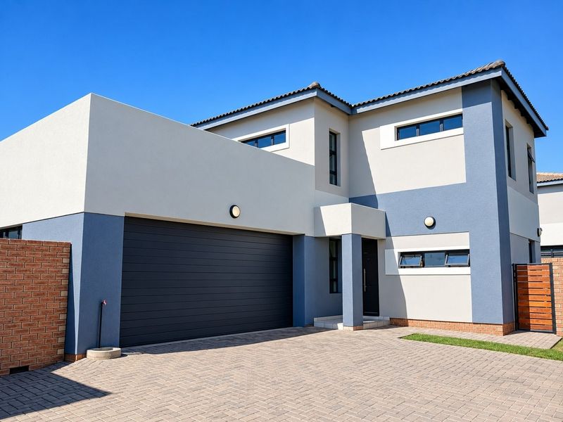 Modern double-storey residential property featuring a paved driveway, integrated double garage, and contemporary blue and cream exterior facade.