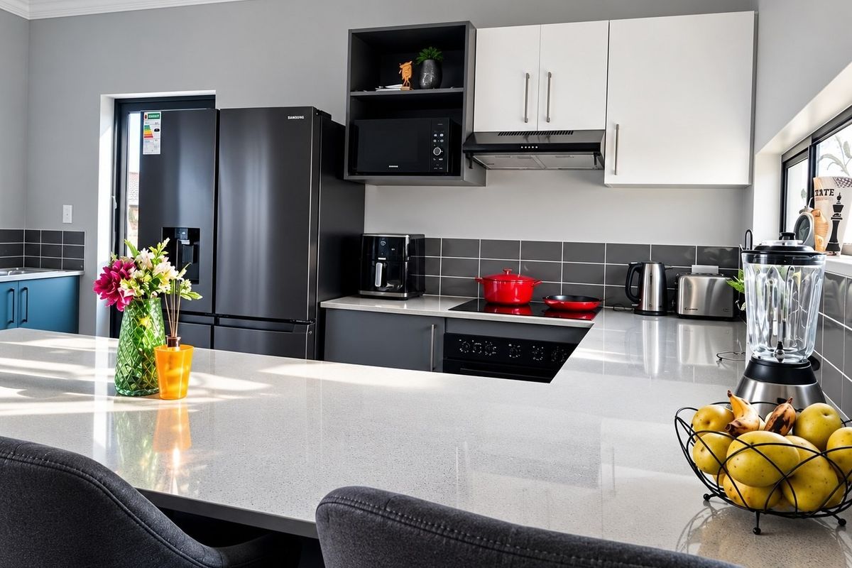 Modern kitchen featuring sleek cabinetry, quartz countertops, a tiled backsplash, and integrated appliances, offering a clean and functional culinary space.