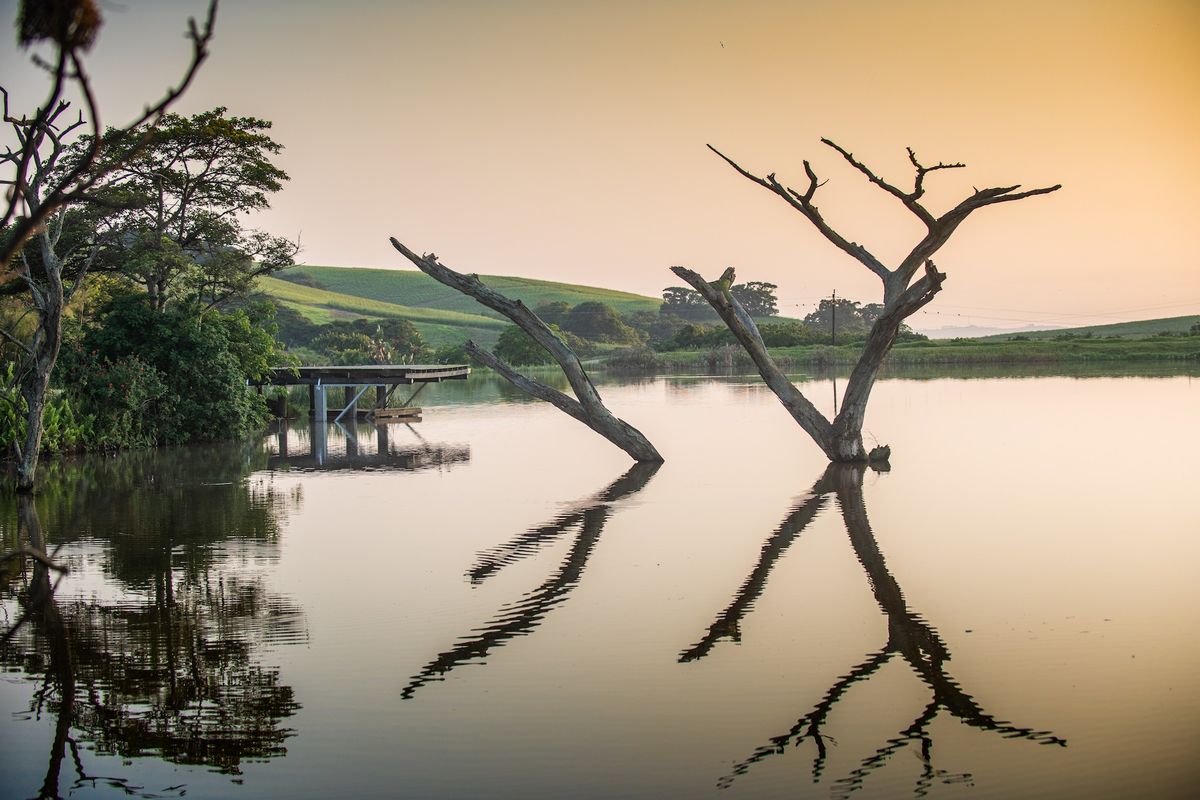 A scenic view of a tranquil dam on the small holding, featuring a wooden jetty and natural landscape surroundings at sunset.