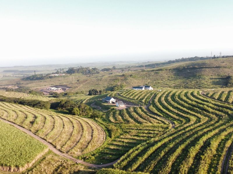 An aerial view of a large small holding property featuring extensive agricultural fields, access roads, and residential buildings with solar installations.