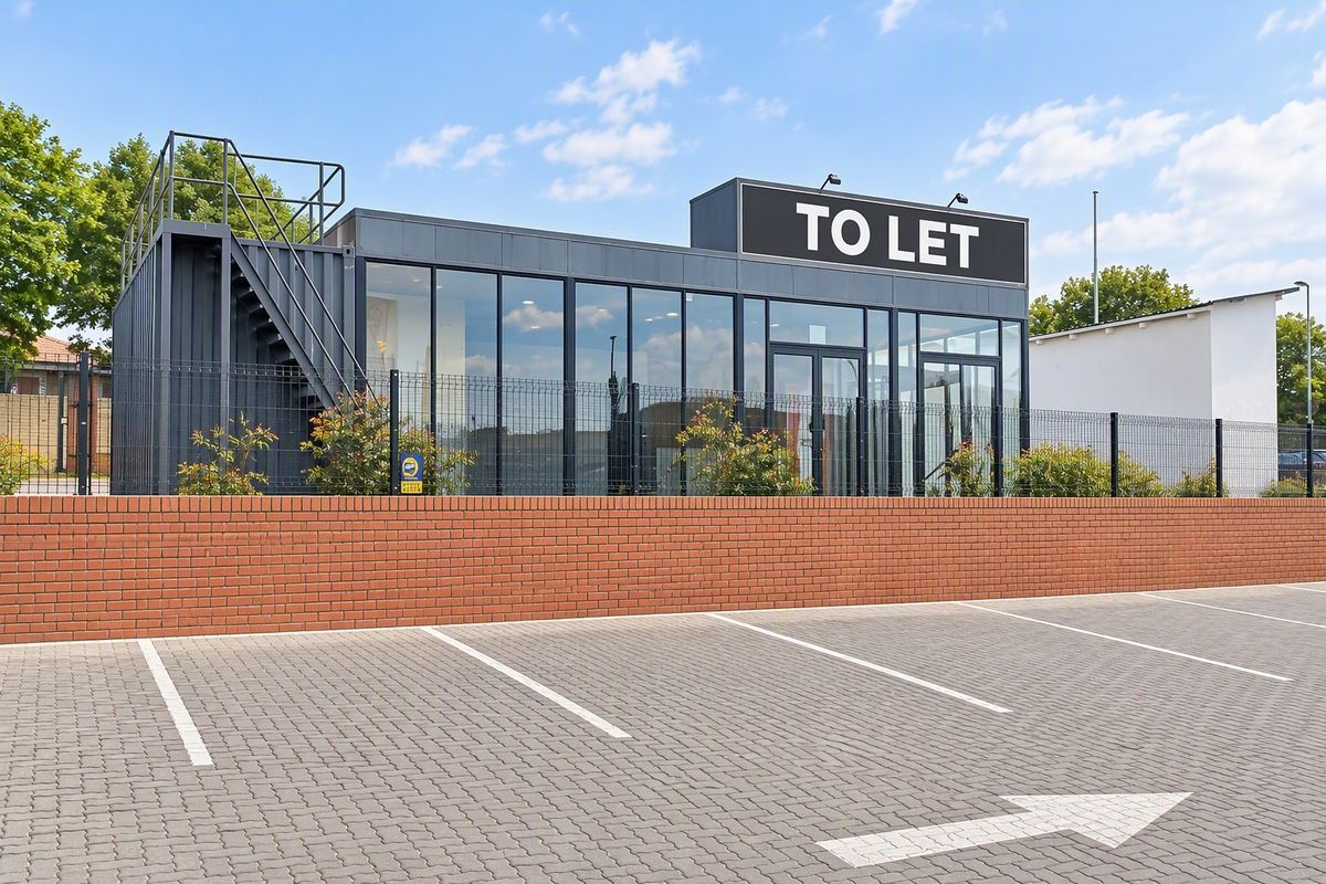 Modern commercial container-style building featuring a full-height glass facade, external staircase, and dedicated paved parking area with brick boundary wall.