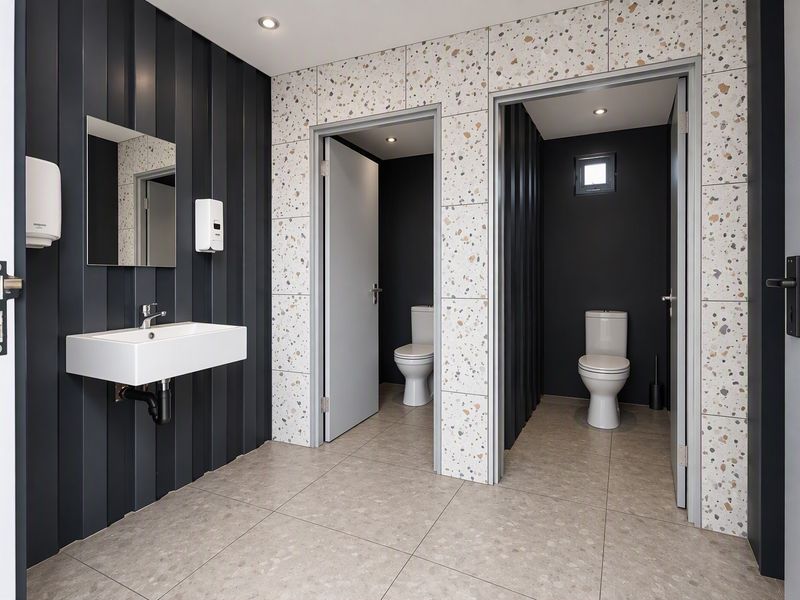 Modern commercial bathroom featuring dual toilet cubicles, terrazzo-style wall tiling, vertical paneling, and a wall-mounted washbasin with recessed lighting.