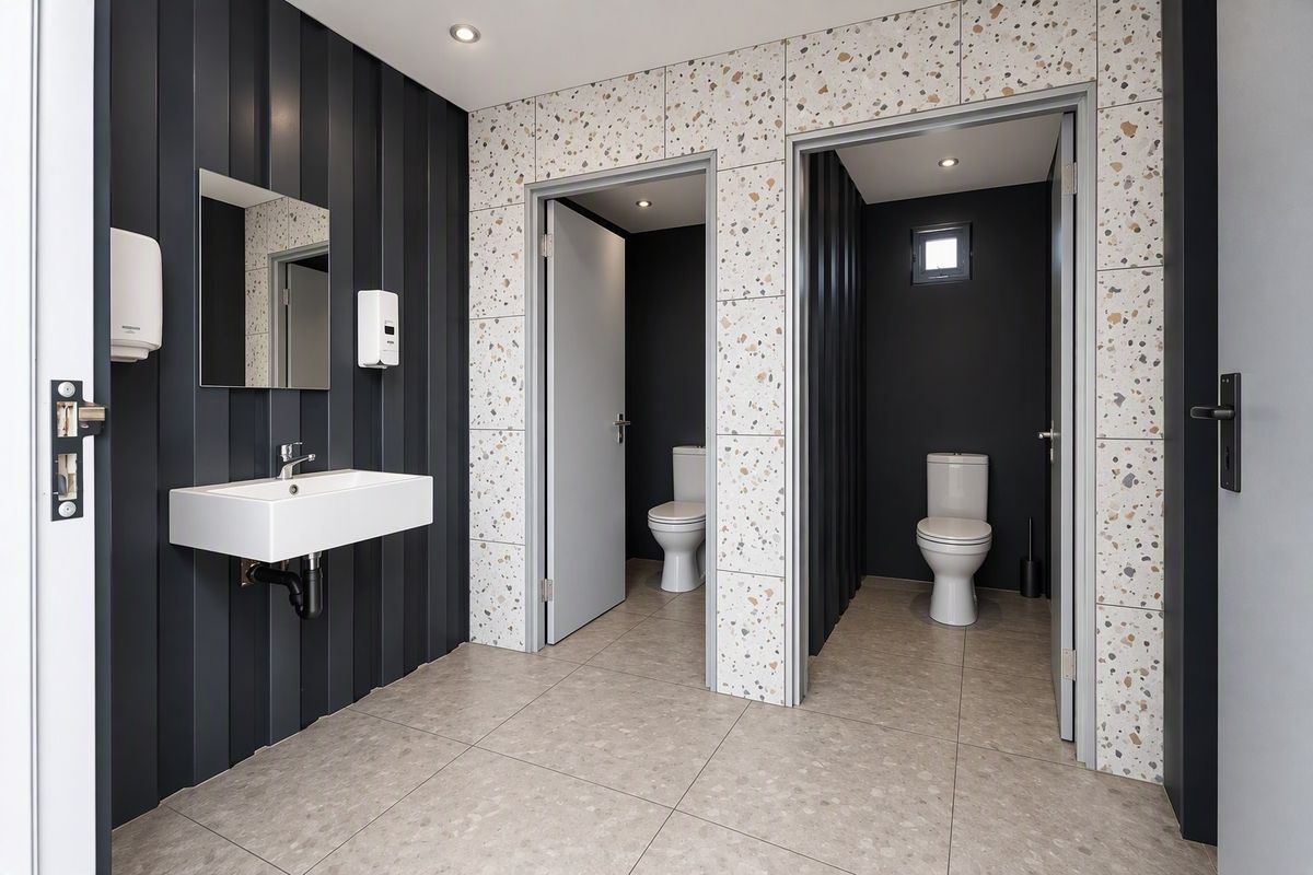 Modern commercial bathroom featuring dual toilet cubicles, terrazzo-style wall tiling, vertical paneling, and a wall-mounted washbasin with recessed lighting.