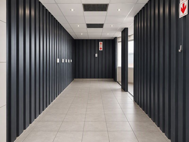 A modern, clean commercial hallway featuring dark corrugated metal wall cladding, neutral tiled flooring, and a professional suspended ceiling with recessed lighting.