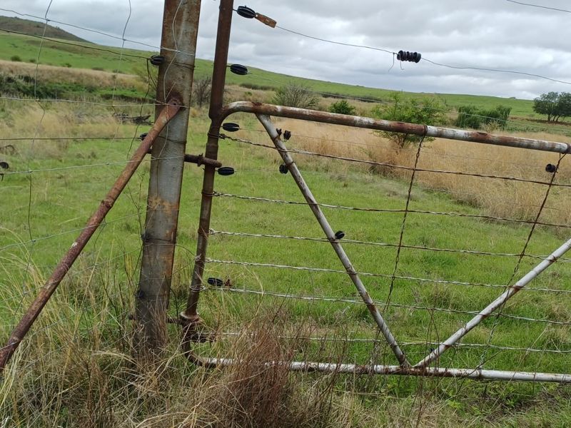 A view of a rural farm boundary featuring a weathered metal gate and electric fencing set against open pasture land.