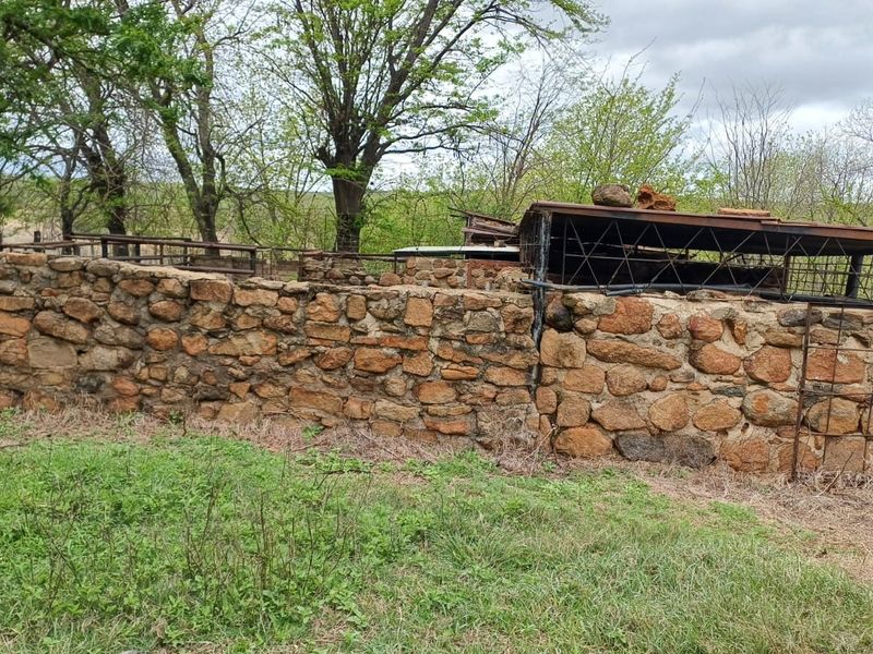 An outdoor utility area featuring a rustic stone wall and a weathered metal roof structure, suitable for farm storage or livestock enclosure.