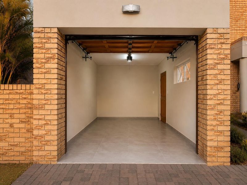 A clean, well-maintained single garage featuring tiled flooring, a side access door, and a functional garage door motor.