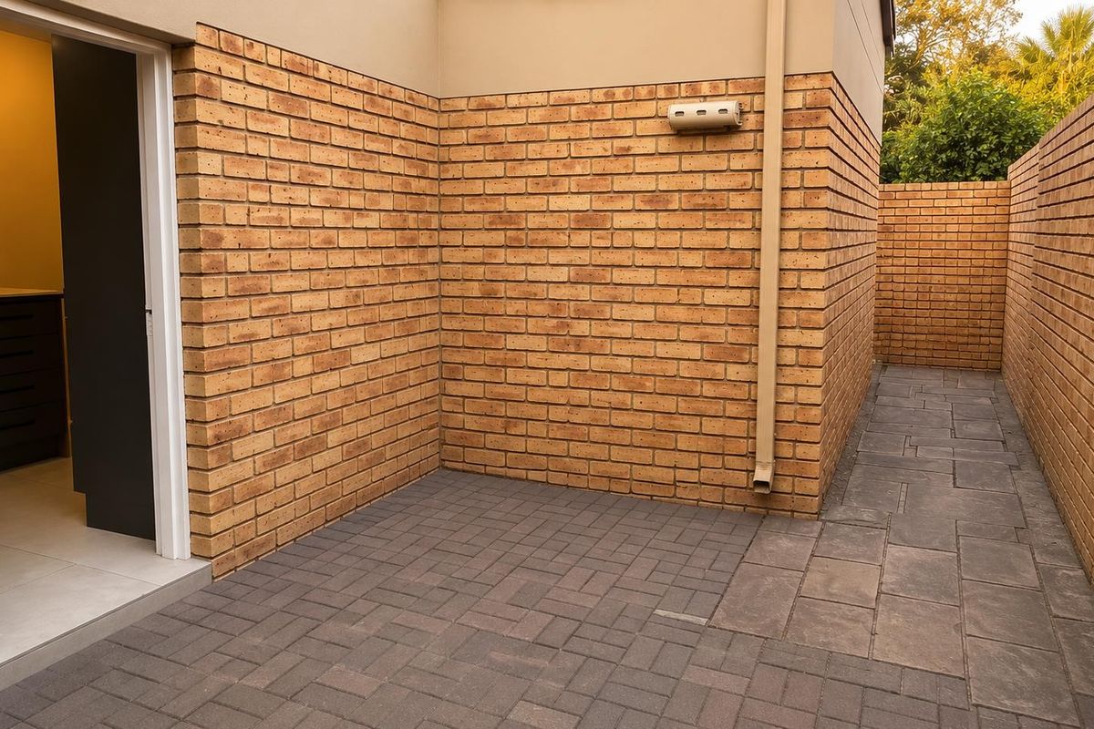 A clean, low-maintenance rear courtyard featuring face brick walls and durable paved flooring, providing a private outdoor utility or transition space.