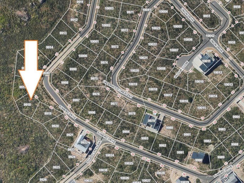 An aerial view of the residential estate showing the location of the vacant land plot marked with an arrow.