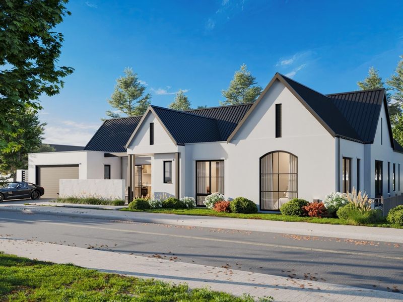 A modern single-story house featuring a striking white facade, dark metal roof, arched windows, and an integrated garage, set in a landscaped environment.