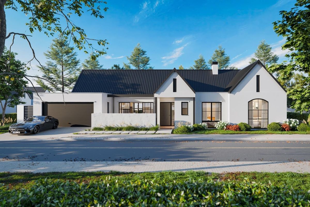A modern single-story house featuring a sleek metal roof, arched windows, and a clean white facade with an integrated garage.