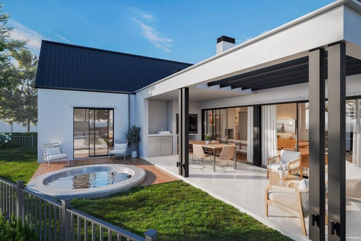 Modern rear exterior featuring a covered patio with built-in braai, timber decking, and a plunge pool overlooking a landscaped garden.