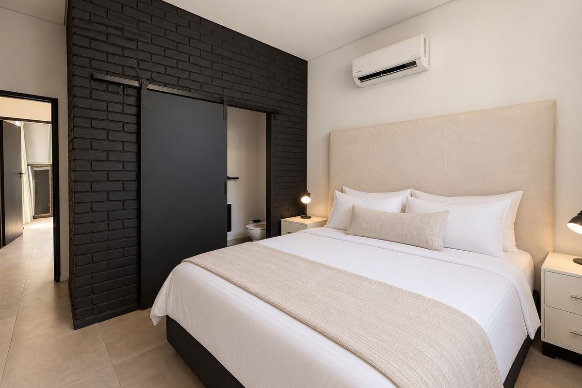 Modern bedroom featuring a striking black exposed brick feature wall, sliding barn door to en-suite, and split system air conditioning.