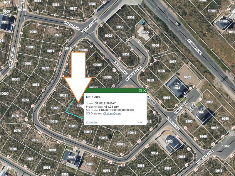 An aerial view showing the location and boundaries of Erf 10008 in St Helena Bay, highlighting the property size and layout.