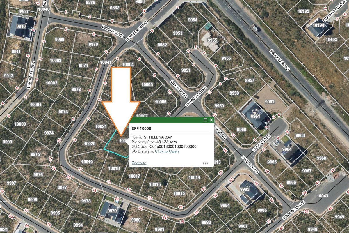 An aerial view showing the location and boundaries of Erf 10008 in St Helena Bay, highlighting the property size and layout.