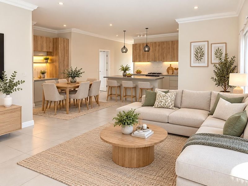A bright and modern open-plan living, dining, and kitchen area featuring neutral tones, contemporary cabinetry, and high-quality finishes throughout.