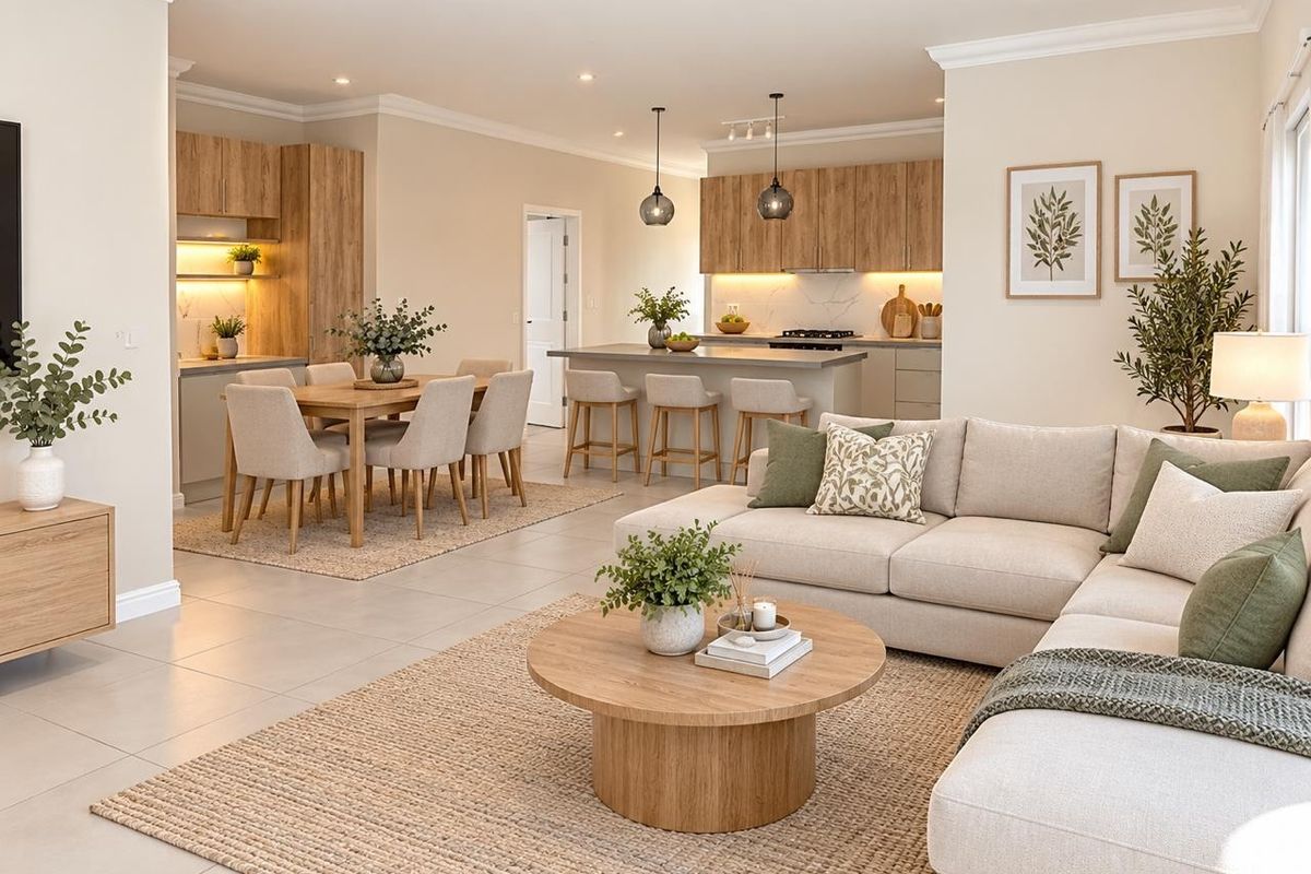 A bright and modern open-plan living, dining, and kitchen area featuring neutral tones, contemporary cabinetry, and high-quality finishes throughout.