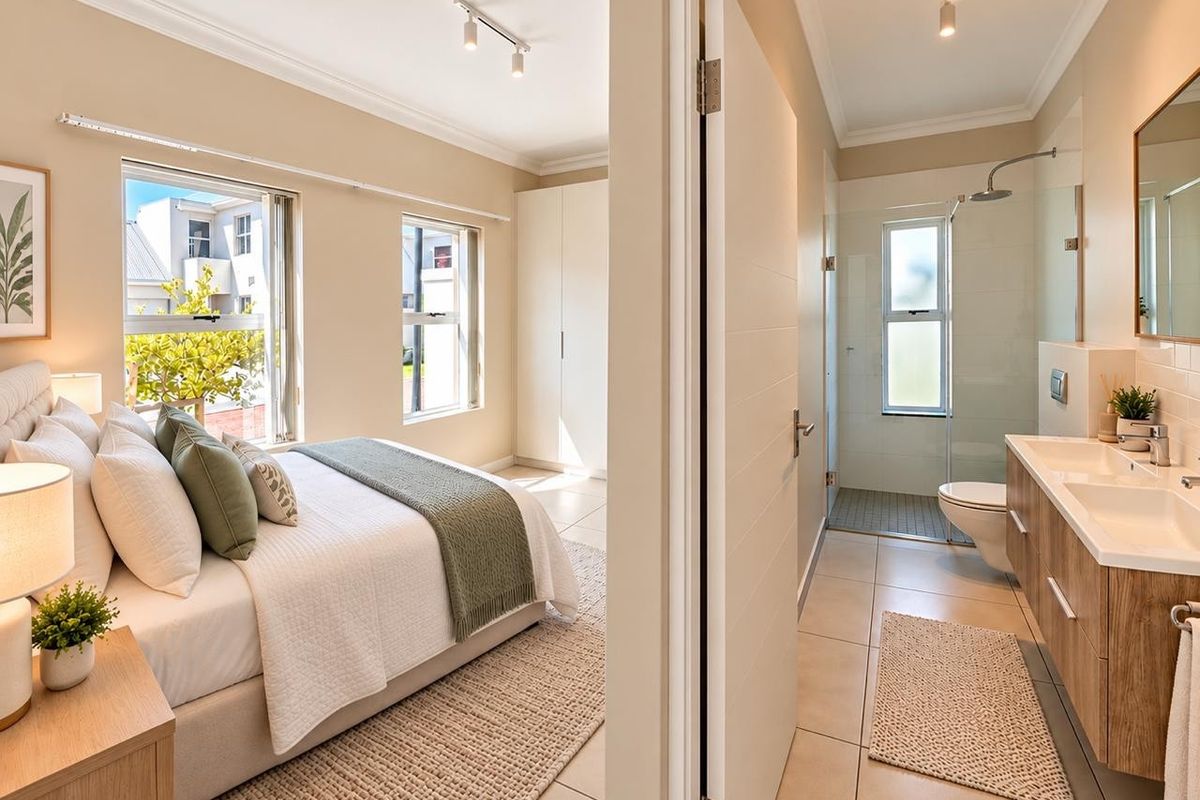 A well-appointed bedroom featuring built-in cupboards and an en-suite bathroom with a modern double vanity, glass shower, and wall-mounted toilet.