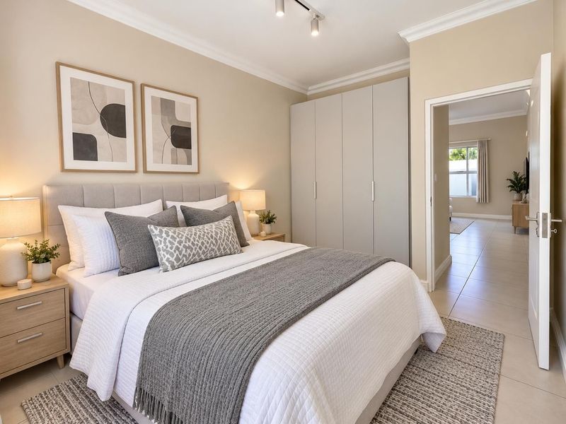 A well-maintained bedroom featuring neutral tones, built-in cupboards, crown molding, and tiled flooring, offering a clean and modern aesthetic.