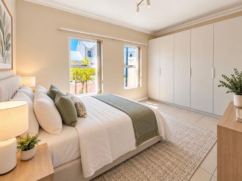 A bright and well-maintained bedroom featuring neutral tones, tiled flooring, modern track lighting, and ample built-in cupboard storage.