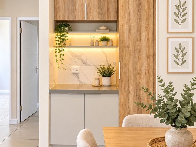 A modern, well-appointed scullery or coffee station featuring wood-grain cabinetry, stone countertops, marble splashback, and integrated LED lighting.