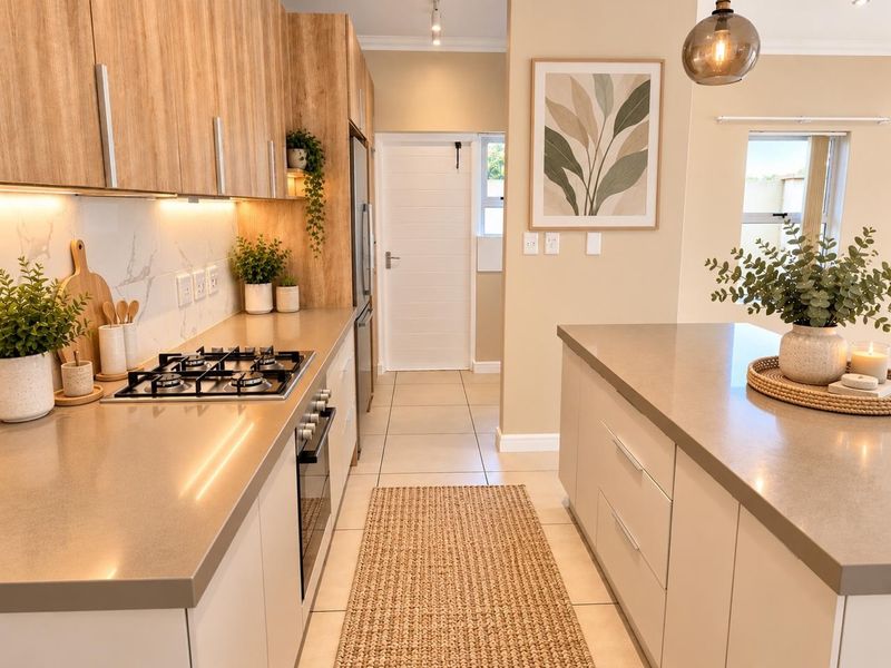 Modern kitchen featuring sleek cabinetry, stone countertops, integrated gas hob, built-in oven, and stylish marble-look splashback with under-cabinet lighting.