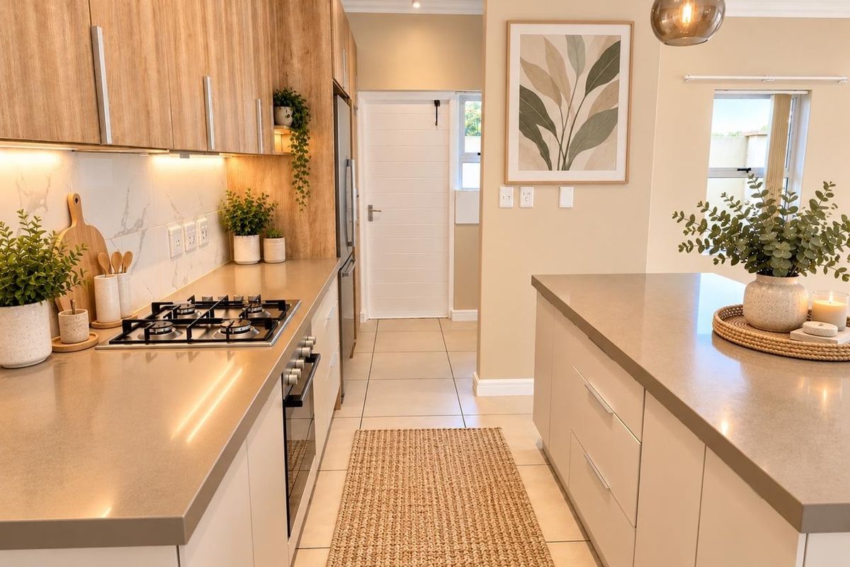 Modern kitchen featuring sleek cabinetry, stone countertops, integrated gas hob, built-in oven, and stylish marble-look splashback with under-cabinet lighting.