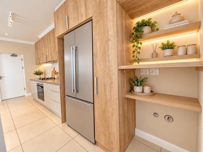 Modern kitchen featuring light wood-grain cabinetry, integrated appliance space, built-in oven and hob, and stylish floating shelves with integrated lighting.