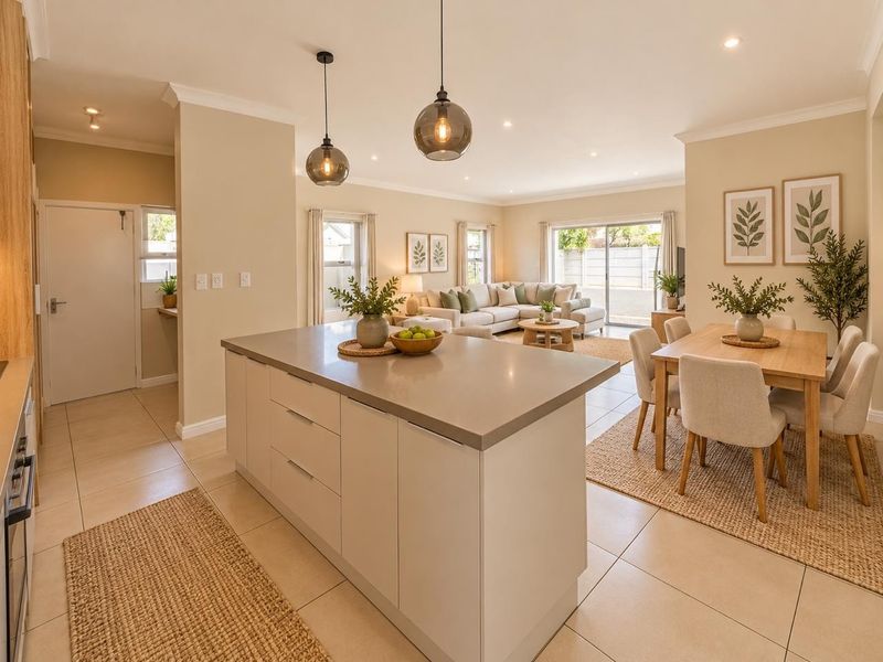 Spacious open-plan living area featuring a modern kitchen island with stone countertops, tiled flooring, and seamless flow to the dining and lounge spaces.