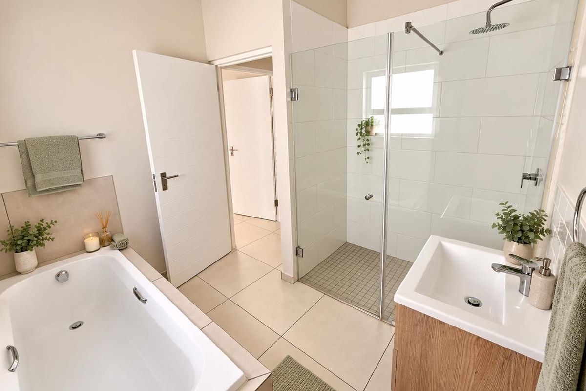 Modern bathroom featuring a built-in bathtub, a spacious glass-enclosed shower with a rain shower head, and a contemporary vanity unit.