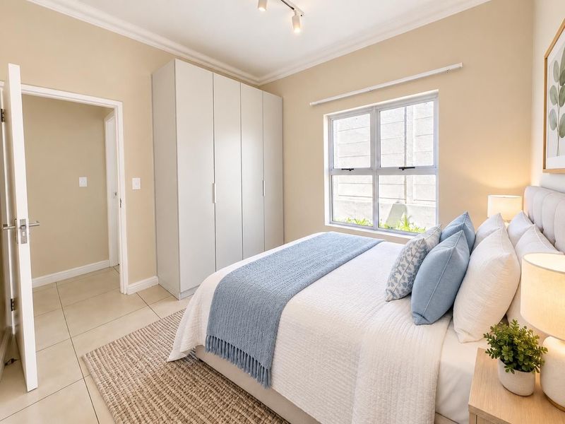 A well-maintained bedroom featuring neutral walls, tiled flooring, built-in cupboards, and an aluminium window frame providing natural light.