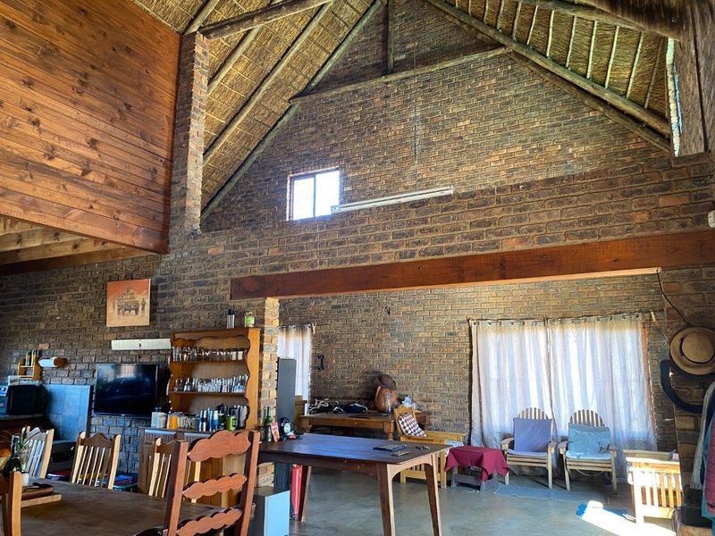 Spacious open-plan living area featuring rustic exposed brick walls, high vaulted thatched ceilings with timber beams, and durable concrete flooring.