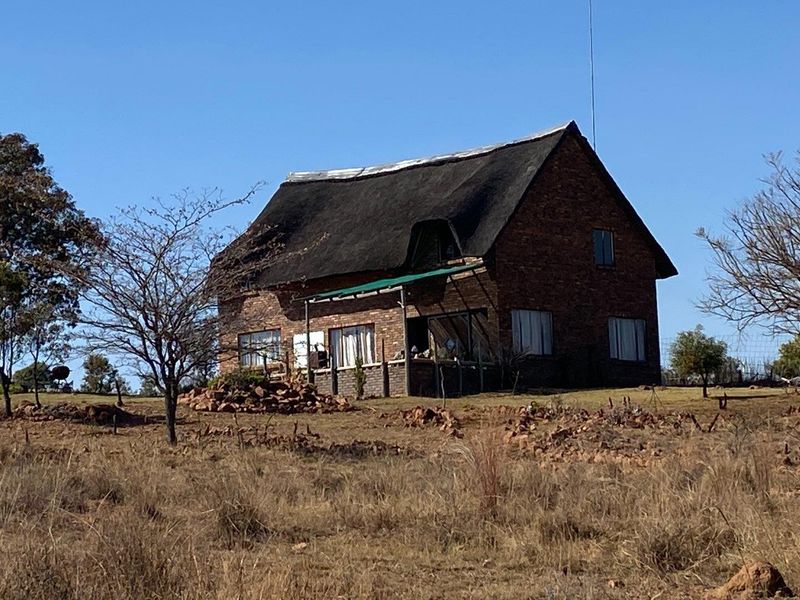 A rustic farm-style house featuring a traditional thatch roof and brick exterior, situated on a large, open rural plot.