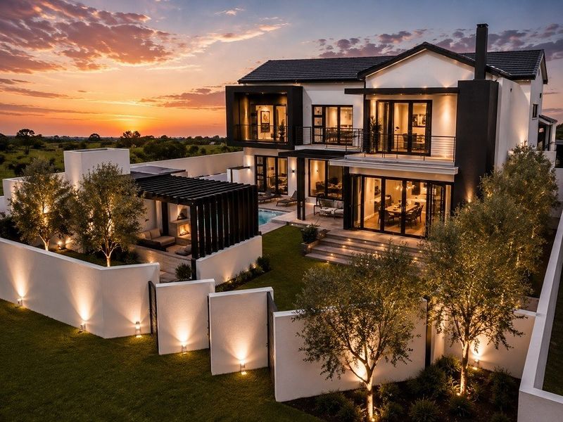 Stunning modern double-story residence featuring a landscaped rear garden, swimming pool, covered patio with built-in fireplace, and expansive balcony at sunset.