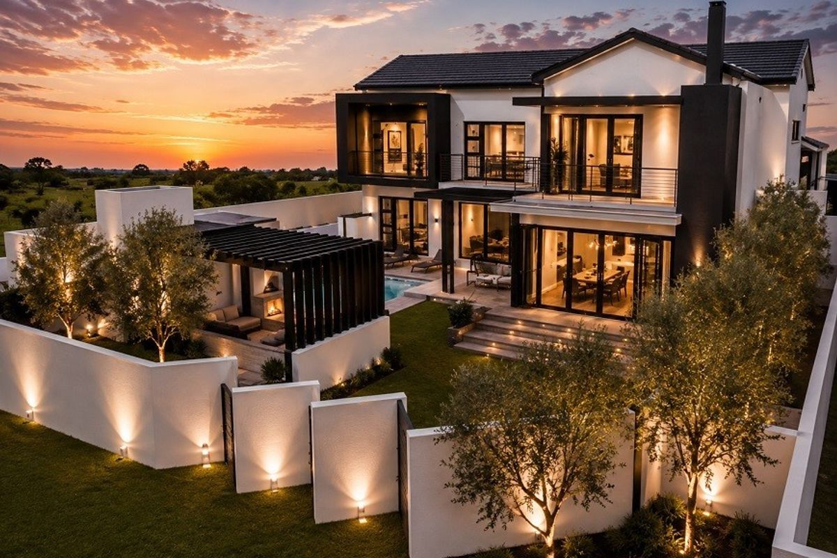Stunning modern double-story residence featuring a landscaped rear garden, swimming pool, covered patio with built-in fireplace, and expansive balcony at sunset.