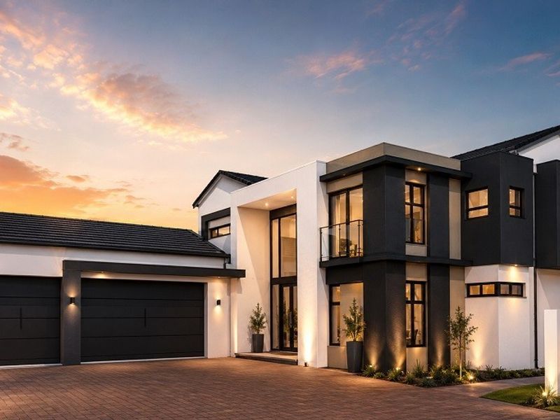 Modern double-story residence featuring a contemporary facade, double garage, paved driveway, and integrated exterior lighting at dusk.