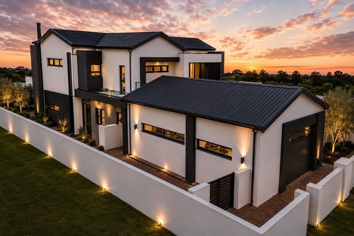 Aerial view of a modern two-story residence featuring a sleek metal roof, perimeter wall, and integrated garage at sunset.